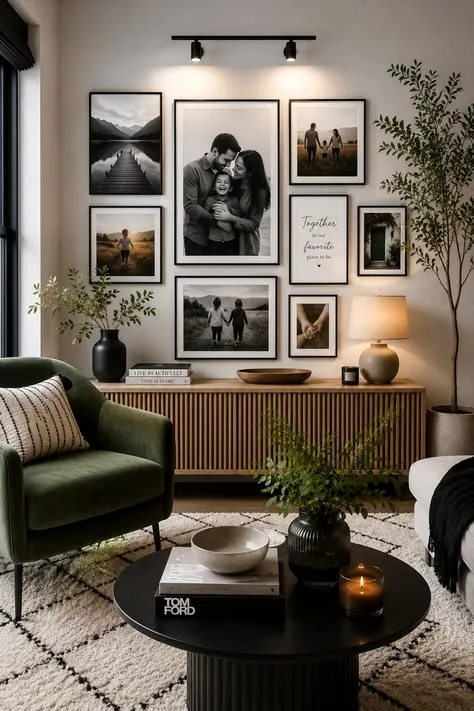 A living room gallery wall mixing large and small Mixtiles frames, portrait and landscape